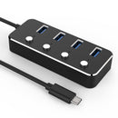 NÖRDIC 4-port hubb USB-C 3.0 5Gbps med individuell switch 25cm kabel svart aluminium