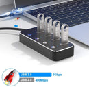 NÖRDIC 4-port hubb USB-C 3.0 5Gbps med individuell switch 25cm kabel svart aluminium