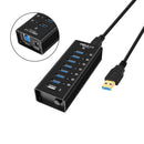 NÖRDIC 8-port powered hubb USB-A 3.0 5Gbps med switch 1,2m kabel aluminium svart med nätdel