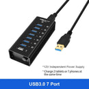 NÖRDIC 8-port powered hubb USB-A 3.0 5Gbps med switch 1,2m kabel aluminium svart med nätdel