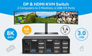 NÖRDIC KVM-switch 2 PC 3 skärmar 8K60Hz 4K144Hz Tripplaskärmar 2xDP 1xHDMI 4xUSB 3.0-portar