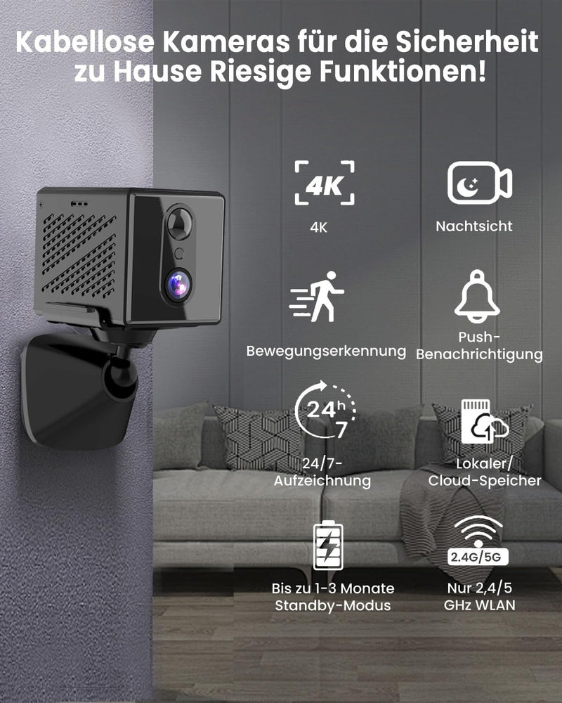 4K Security 5GHz WiFi Indoor Mini Camera with Night Vision, Motion Sensor, Long Battery Life, Motion Detection, Remote Viewing, Wireless Surveillance Cam