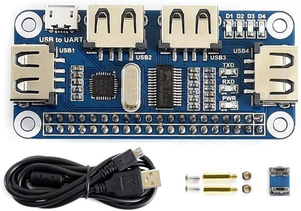 USB HUB HAT med 4 portar för Raspberry Pi Zero/A+/B/B+/2/3 – Stöd för USB-A och seriell felsökning via USB till UART