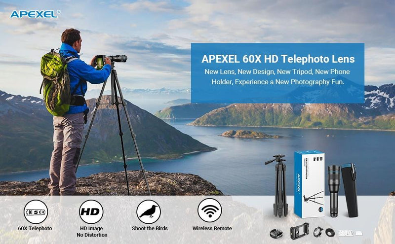 APEXEL Powerful 60X Telephoto Lens for iPhone Phone Camera Lens with Shutter Release and Tripod for Moongazing / Playing Games