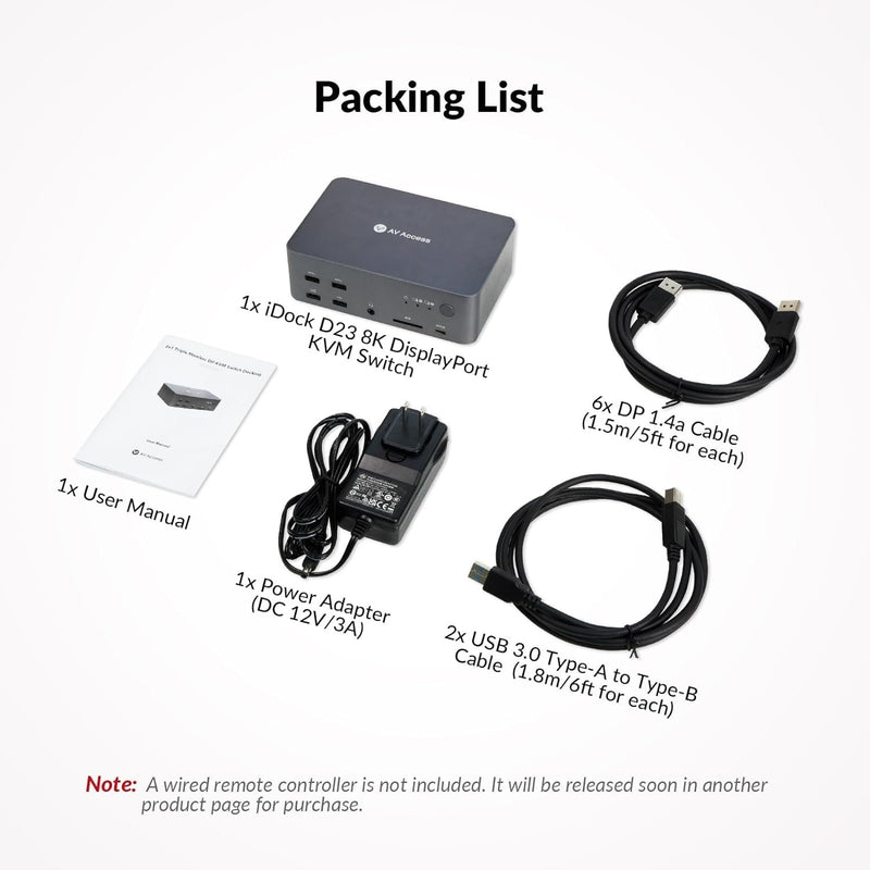 AV Access Dockningsstation och KVM-switch 2 till 3 DP till DP, 8K60Hz, 5x USB-A, 1x USB-C PD, 3.5mm AUX, SD-kortplats och 1Gbps ethernet