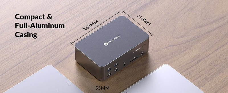 AV Access Dockningsstation och KVM-switch 2 till 3 DP till DP, 8K60Hz, 5x USB-A, 1x USB-C PD, 3.5mm AUX, SD-kortplats och 1Gbps ethernet