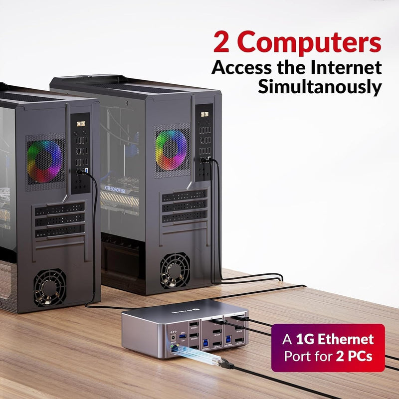 AV Access Dockningsstation och KVM-switch 2 till 3 DP till DP, 8K60Hz, 5x USB-A, 1x USB-C PD, 3.5mm AUX, SD-kortplats och 1Gbps ethernet