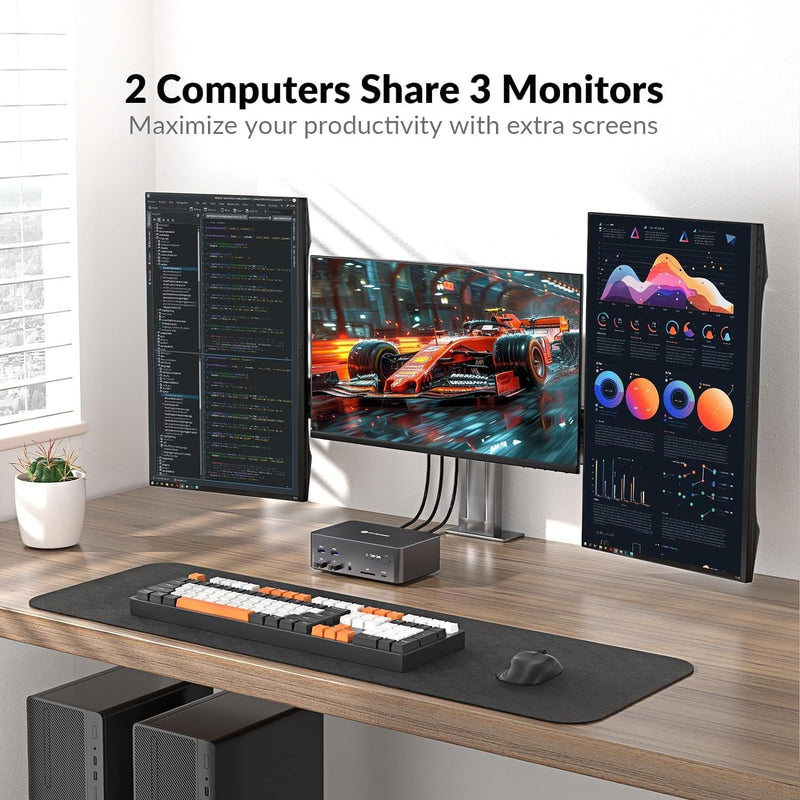 AV Access Dockningsstation och KVM-switch 2 till 3 DP till DP, 8K60Hz, 5x USB-A, 1x USB-C PD, 3.5mm AUX, SD-kortplats och 1Gbps ethernet