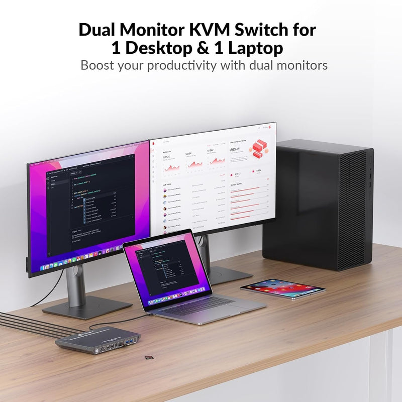 AV Access KD-E10 Dockningsstation & KVM Switch för 2 datorer till 2 skärmar HDMI 4K60Hz, 100W PD, 3 x USB, 1G Ethernet, SD, 3.5 mm AUX Audio EDID