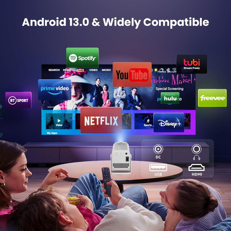 NÖRDIC Smart Projektor Android 13.0, Native 1080P, Auto Keystone, 300ANSI 4K HDR Stöd, Roterbar Design WiFi 6 & BT, Skärm spegling, ARC