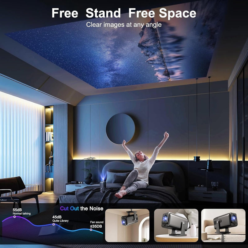 NÖRDIC Smart Projektor Android 13.0, Native 1080P, Auto Keystone, 300ANSI 4K HDR Stöd, Roterbar Design WiFi 6 & BT, Skärm spegling, ARC