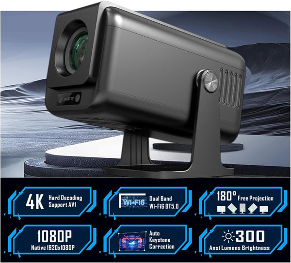 NÖRDIC Smart Projektor Android 13.0, Native 1080P, Auto Keystone, 300ANSI 4K HDR Stöd, Roterbar Design WiFi 6 & BT, Skärm spegling, ARC