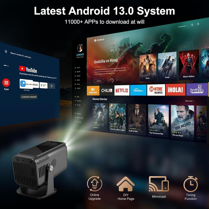 NÖRDIC Smart Projektor Android 13.0, Native 1080P, Auto Keystone, 300ANSI 4K HDR Stöd, Roterbar Design WiFi 6 & BT, Skärm spegling, ARC