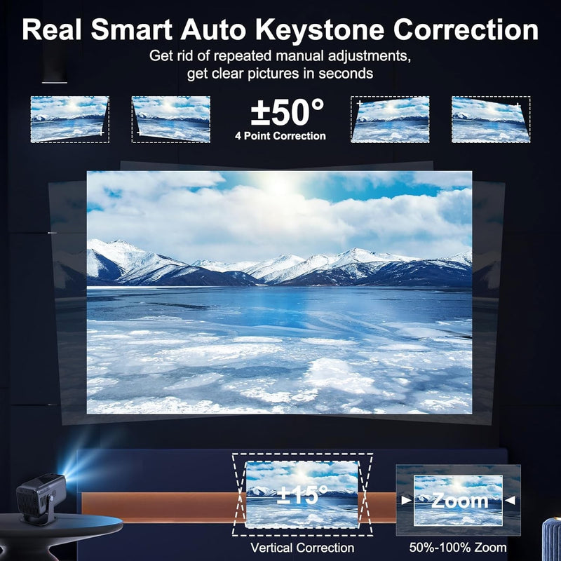 NÖRDIC Smart Projektor Android 13.0, Native 1080P, Auto Keystone, 300ANSI 4K HDR Stöd, Roterbar Design WiFi 6 & BT, Skärm spegling, ARC
