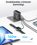 Anker 140W USB-C 4-Port Multi-Devices GaN-laddare, Touch Control, kompatibel med MacBook, iPhone 17/16/15, Samsung, Pixel och fler