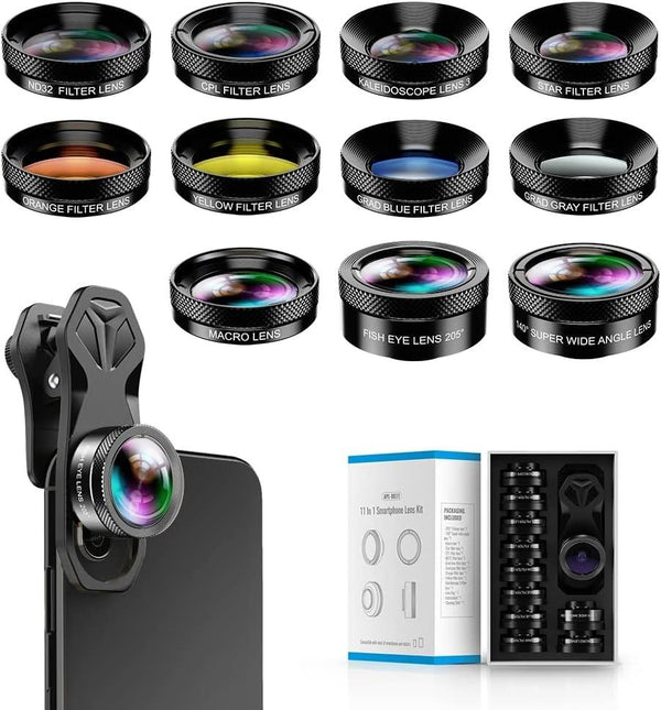 Apexel 11-in-1 Mobile Phone Camera Lens Set, Wide Angle and Macro Lens + Fisheye Lens