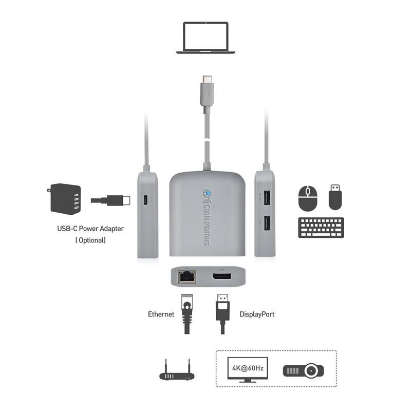 Cable Matters 1 till 5 Dockningsstation 1xDP 4K60Hz, 1xRJ45 Ethernet 2xUSB-A 1xUSB-C PD 60W Works with Chromebook Certified