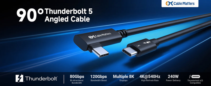 Cable Matters Intel Certifierad 80G Thunderbolt 5 Kabel med vinklad kontakt 240W laddningskapacitet - 0,8m, Kompatibel med Thunderbolt 4, USB4 och USB-C, Svart