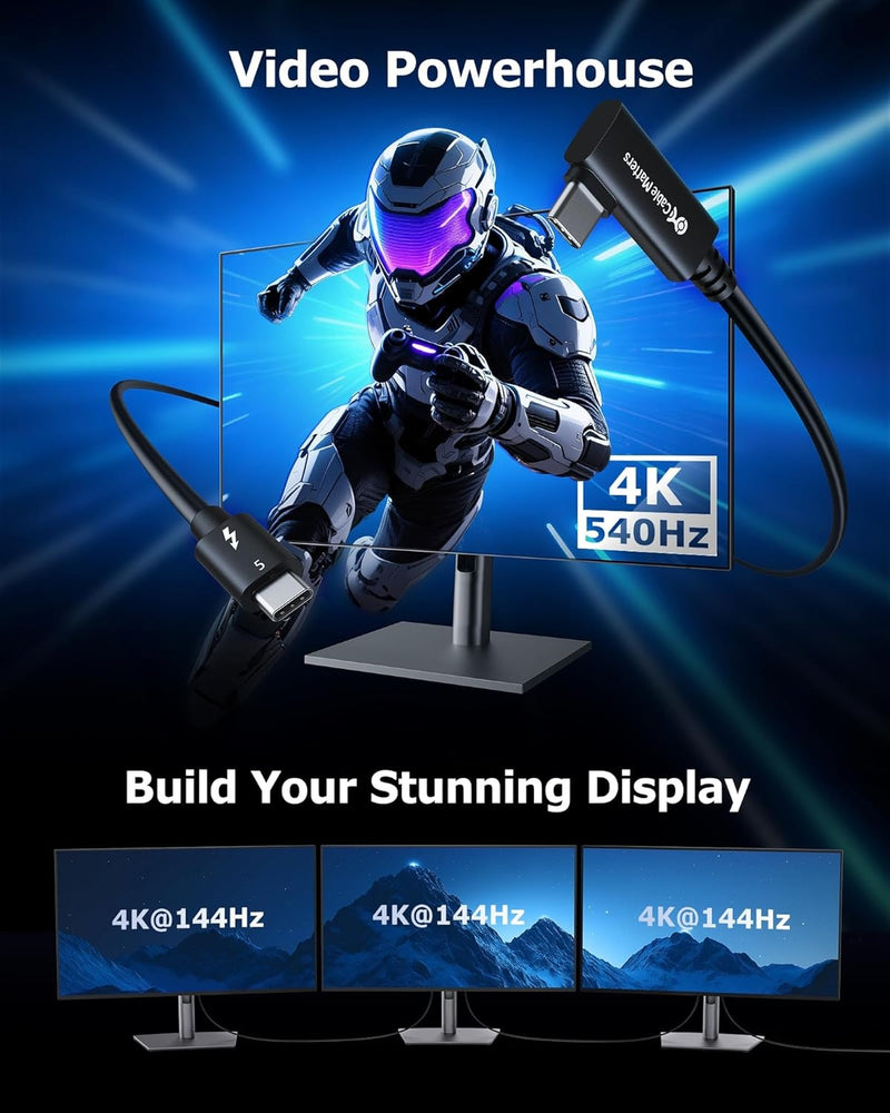 Cable Matters Intel Certifierad 80G Thunderbolt 5 Kabel med vinklad kontakt 240W laddningskapacitet - 0,8m, Kompatibel med Thunderbolt 4, USB4 och USB-C, Svart
