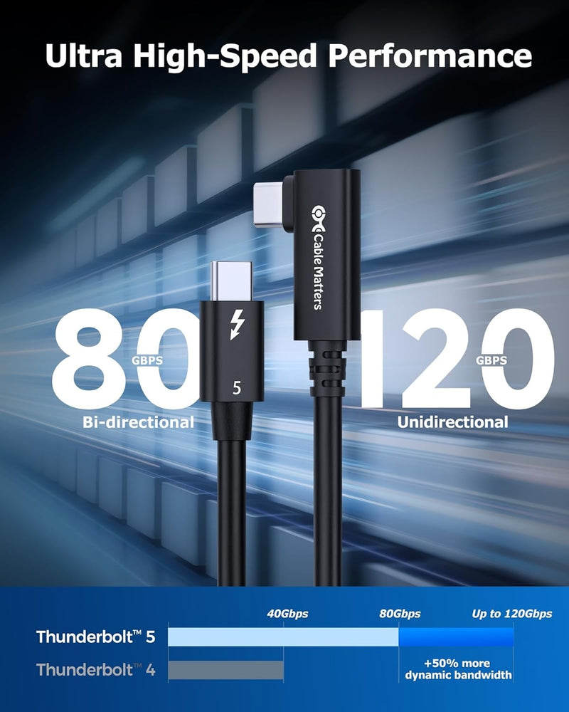 Cable Matters Intel Certifierad 80G Thunderbolt 5 Kabel med vinklad kontakt 240W laddningskapacitet - 0,8m, Kompatibel med Thunderbolt 4, USB4 och USB-C, Svart