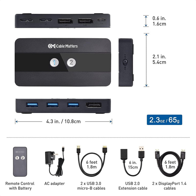 Cable Matters KVM switch 2 till 1 Displayport 1.4 8K60Hz 4K120Hz 3xUSB3.0 med 5Gbps