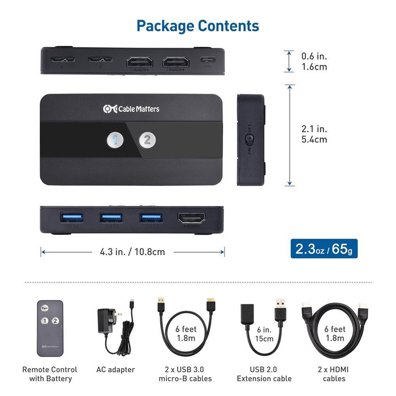 Cable Matters KVM Switch HDMI 2 till 1, 3x USB-A