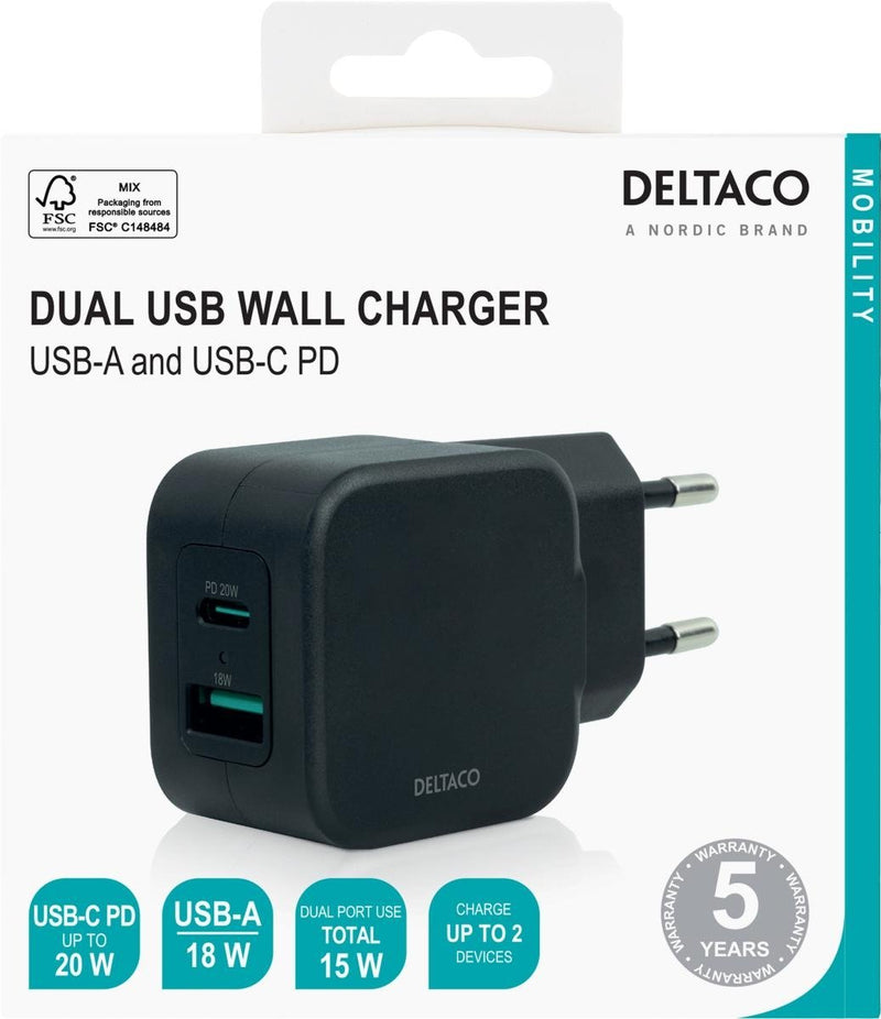 DELTACO Dual USB väggladdare USB-A 18W och USB-C PD 20W