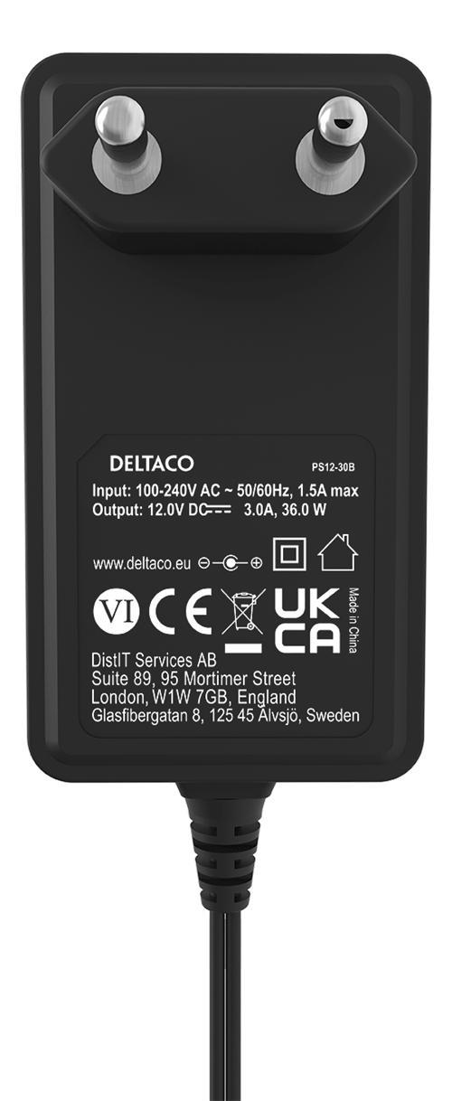 DELTACO Nätadapter, 100-240V AC 50/60 Hz till 12V DC, 3A, 1,5m kabel, svart