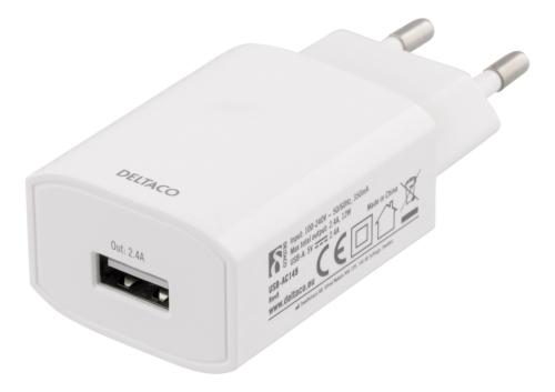 DELTACO USB-A Väggladdare, 100-240 V, 5 V, 2,4 A, vit