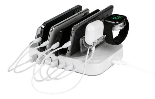 DELTACO USB-laddningsstation för 6 enheter, 4x USB-A, 2x USB-C, snabbladdning, totalt 50 W, vit