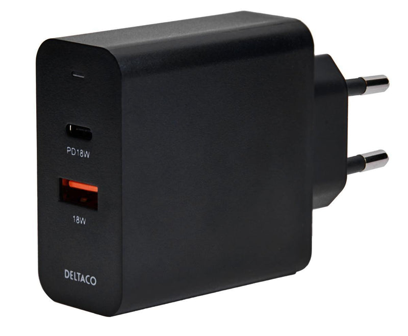 DELTACO USB-väggladdare med dubbla portar och PD, 1x USB-A, 1x USB-C, PD, 36 W, svart