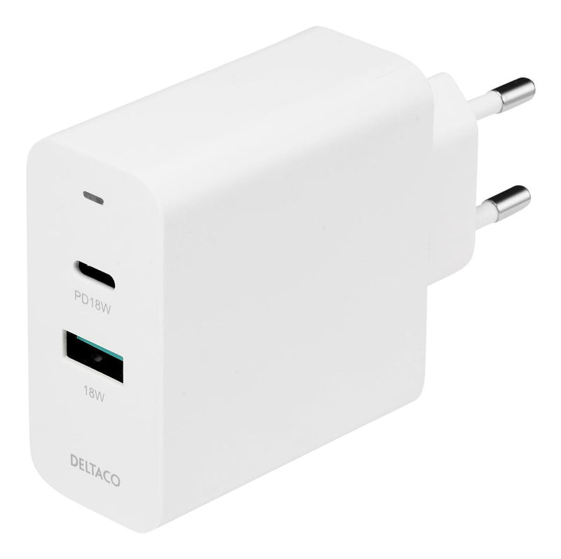 DELTACO USB-väggladdare med dubbla portar och PD 1x USB-A 1x USB-C PD 36 W vit