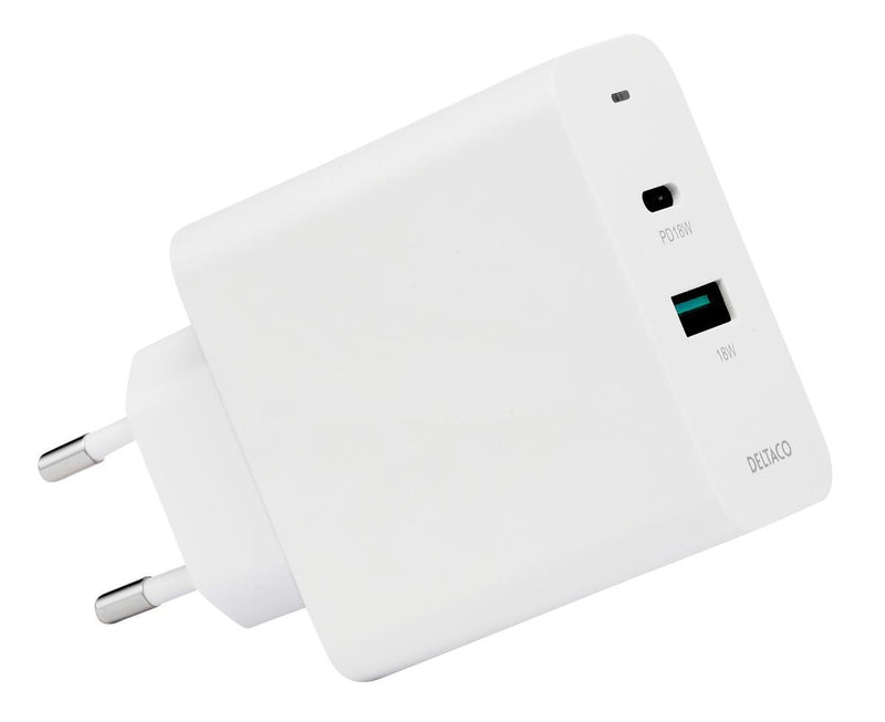 DELTACO USB-väggladdare med dubbla portar och PD 1x USB-A 1x USB-C PD 36 W vit