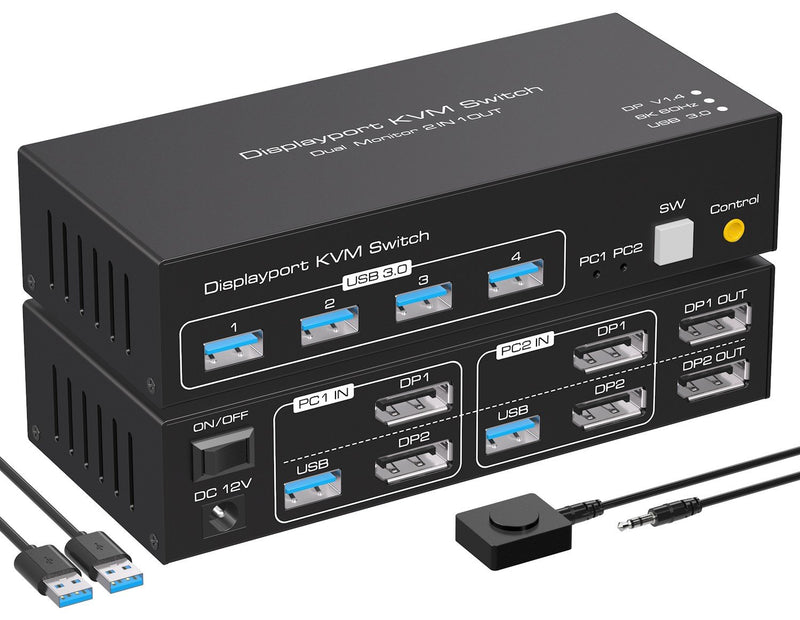 NÖRDIC KVM-switch 2 till 2 DisplayPort till DisplayPort, 8K60Hz/4K120Hz, 4x USB-A