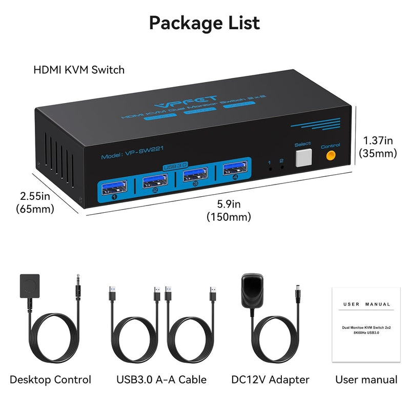 NÖRDIC KVM-switch 2 till 2 HDMI till HDMI, 8K60Hz/4K120Hz, 4x USB-A