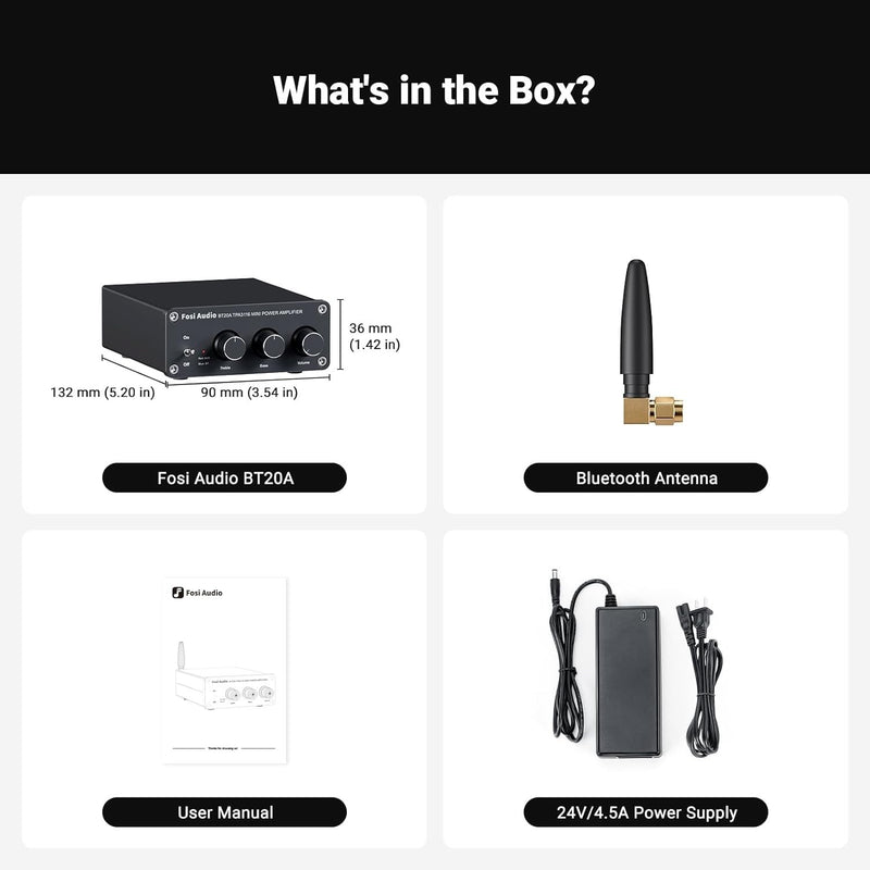 Fosi Audio Bluetooth 5.0 & R/L Förstärkare 100W x 2 med Volym, Bas och Diskant kontroll, Svart