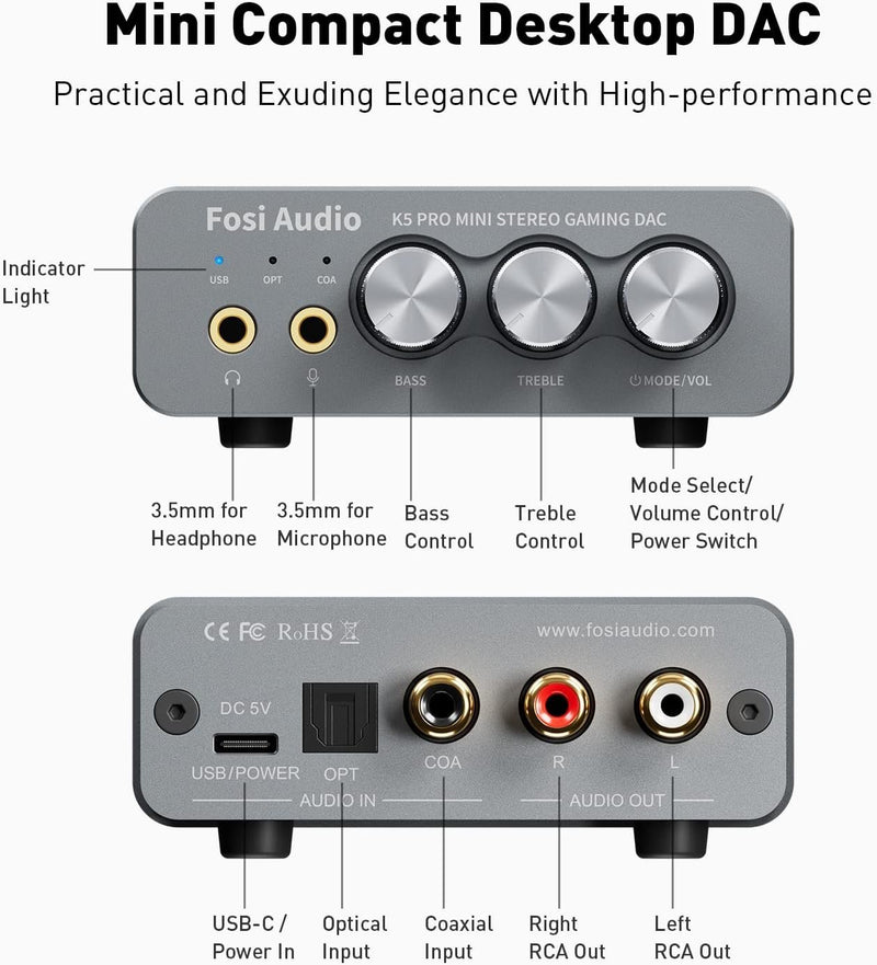 Fosi Audio K5PRO Gaming mini DAC förstärkare för PS5/PC/MAC, USB-C/Optisk/Coaxial till 3.5mm/RCA