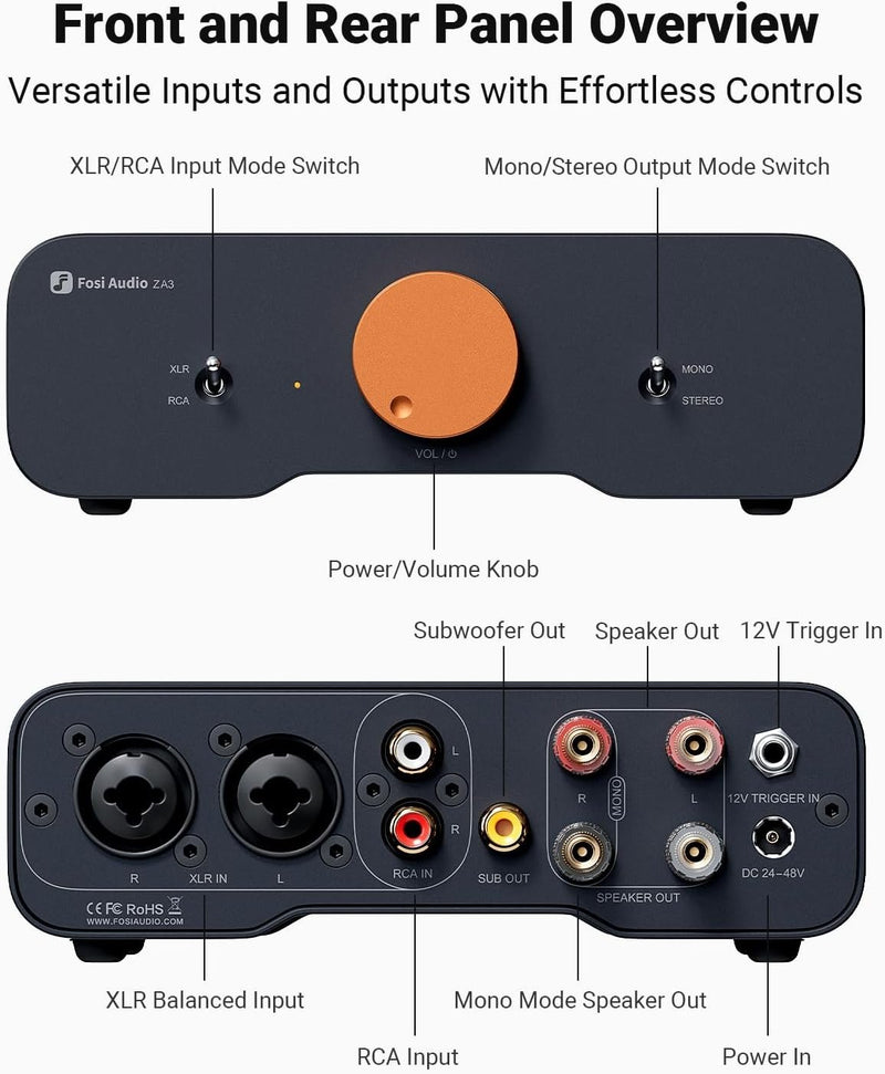 Fosi Audio ZA3 Balanced Stereo Amplifier Home Audio Component Mini 2-kanals monoförstärkare TPA3255 för Subwoofer Desktop Home Theater