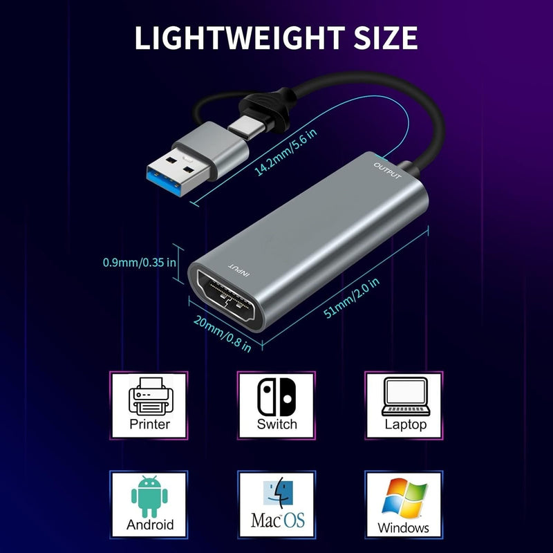 HDMI till USB adapter för videoinspelning 4K 30Hz USB-A och USB-C