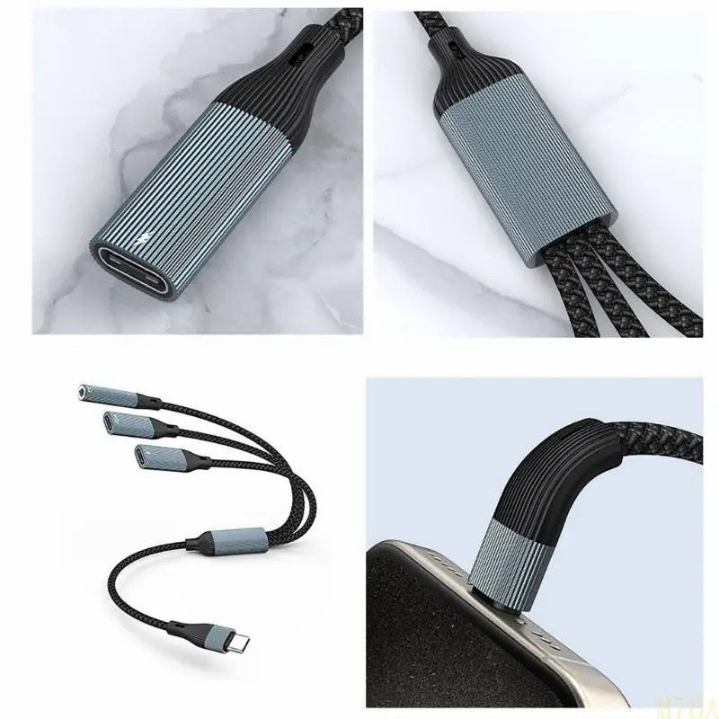 NÖRDIC USB-C Splitter 1 till 3, 1xUSB-C 1xUSB-C PD60W 1x3,5mm hörlursuttag OTG Kabel