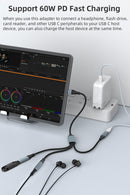 NÖRDIC USB-C Splitter 1 till 3, 1xUSB-C 1xUSB-C PD60W 1x3,5mm hörlursuttag OTG Kabel