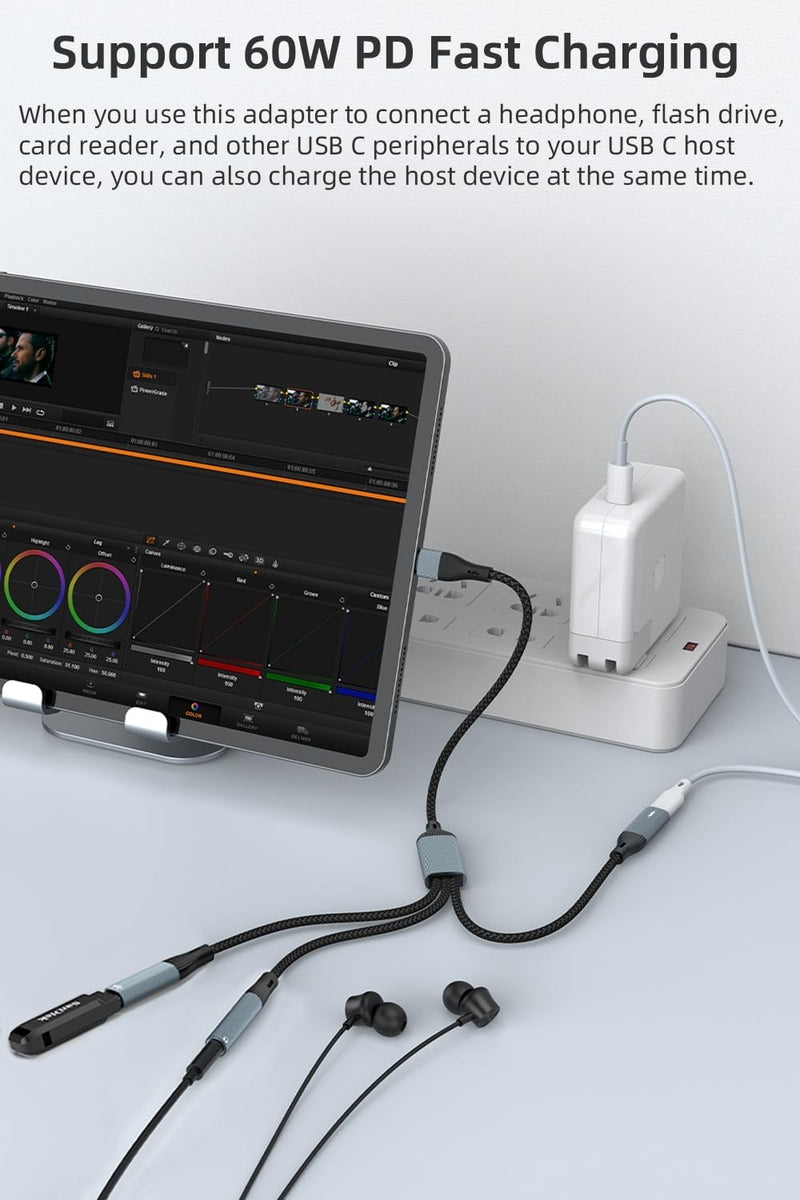 NÖRDIC USB-C Splitter 1 till 3, 1xUSB-C 1xUSB-C PD60W 1x3,5mm hörlursuttag OTG Kabel