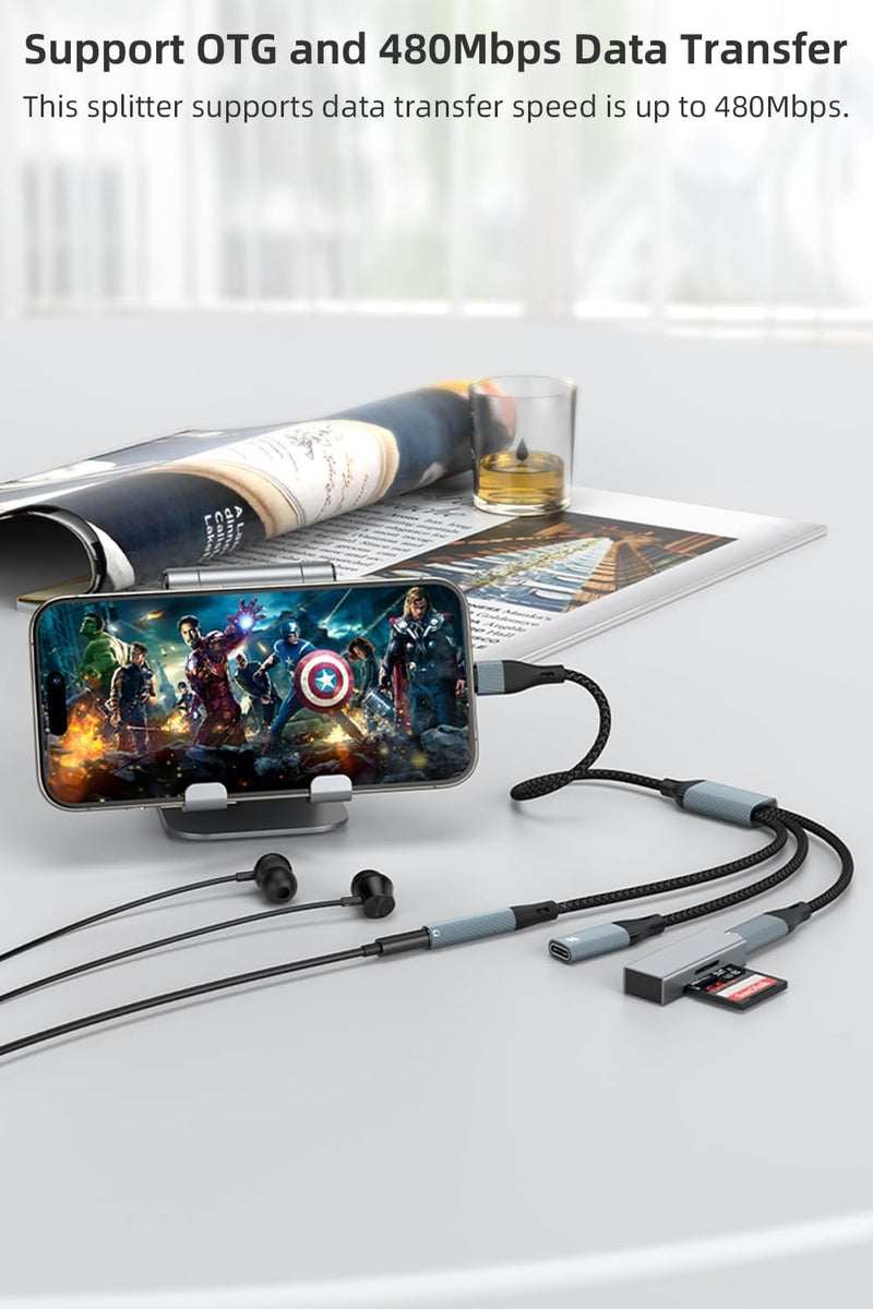 NÖRDIC USB-C Splitter 1 till 3, 1xUSB-C 1xUSB-C PD60W 1x3,5mm hörlursuttag OTG Kabel