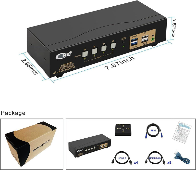 KVM 4x2 HDMI Switch Dual Monitor HDMI2.0 4K60Hz 4:4:4 med 1x3.5mm och 4xUSB-A