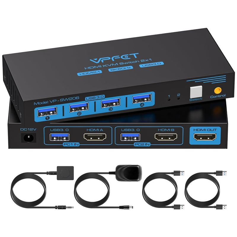 NÖRDIC KVM-switch 2 till 1 HDMI till HDMI, 8K60Hz/4K120Hz, 4x USB-A