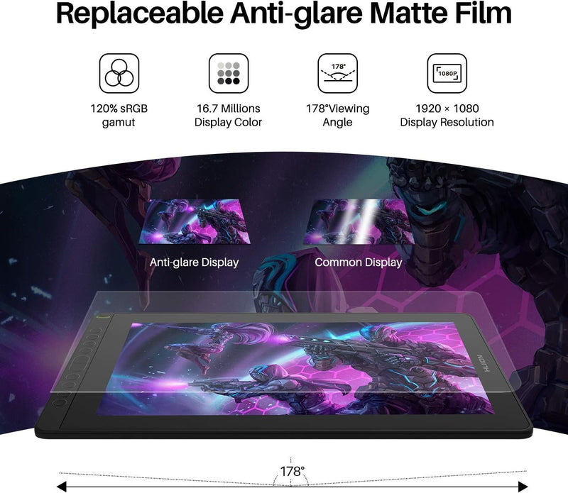 Kamvas 16 2021 Graphics Tablet with Display, 15.6 Inch Full Laminate Screen Pen Display, 10 Programmable Push Buttons, 8192 Levels Battery-Free Pen