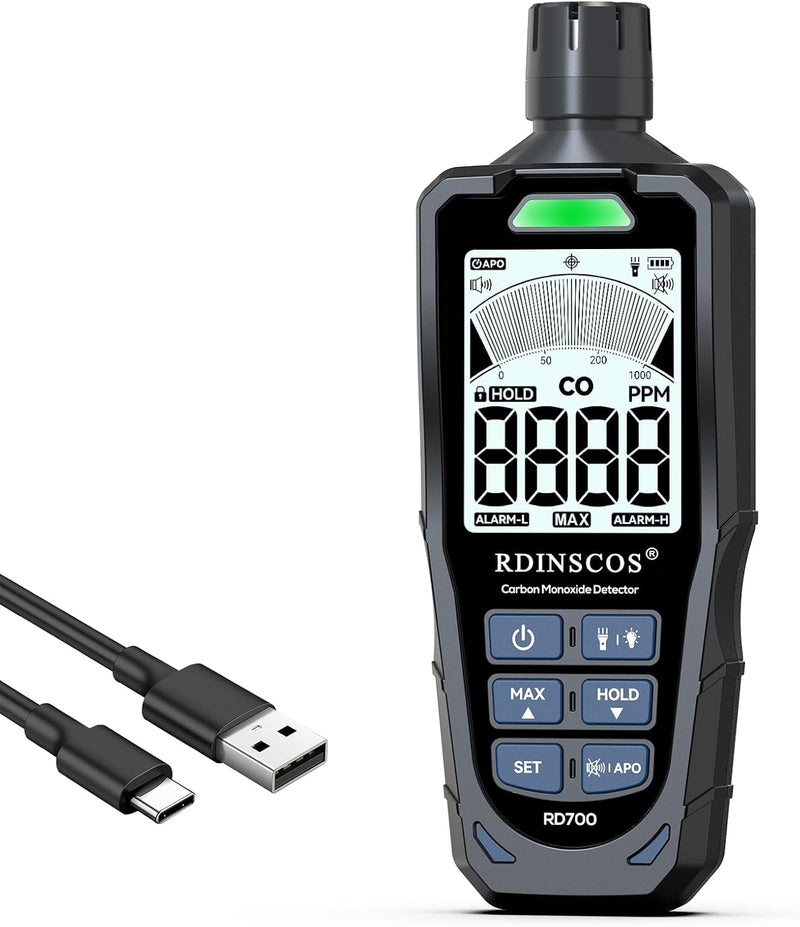 Kolmonoxiddetektor 0 ~ 1 000 ppm med LCD-skärm, bärbart CO-larm med visuella och hörbara larm, uppladdningsbar CO-detektor för hem, camping, utomhus