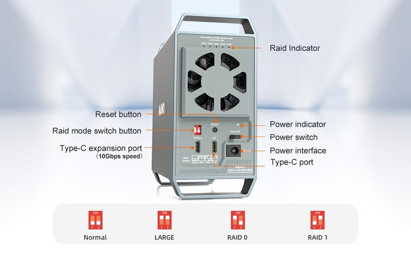 MAIWO K35282C USB-C 3.1 Extern Kabinett Aluminium för 2x 3.5" SATA HDD med stöd för RAID