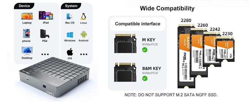 Maiwo 4-slot M.2 NVMe SSD Dockningsstation med kloningsfunktion, USB 4.0 Type-C 40Gbps