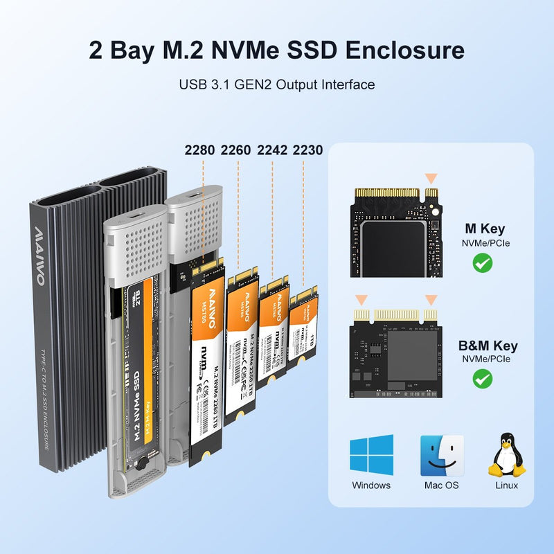 Maiwo Dual Disk NVMe SSD-hölje USB-C 3.1 GEN2 10 Gbps